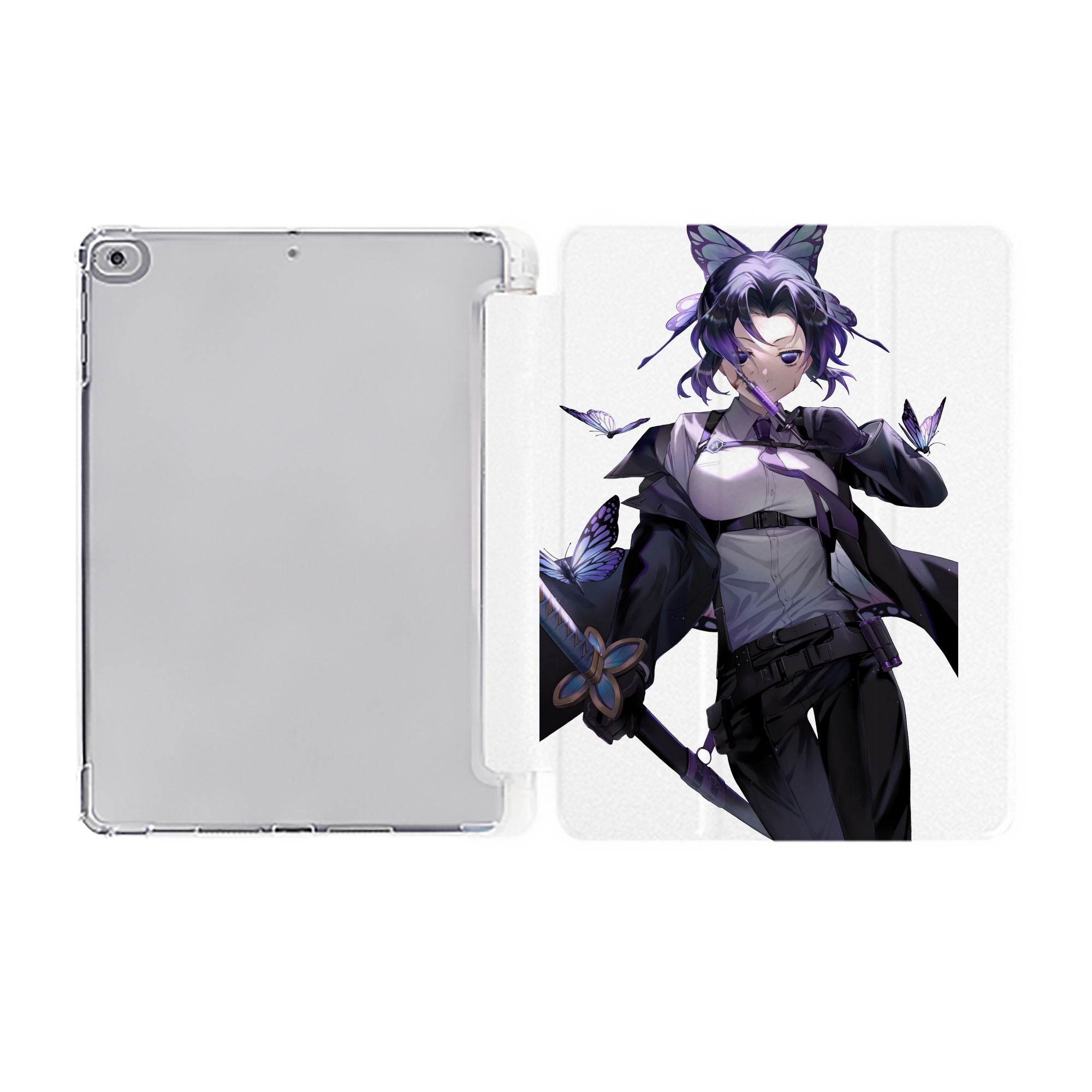 （画像用） 鬼滅の刃（きめつのやいば）蟲柱-胡蝶 しのぶ／こちょう しのぶ Kochou Shinobu IPad ケース ペン収納付き 三つ折りスタンド PUレザー×シリコン 対応機種9.5/10.5/10.9インチ